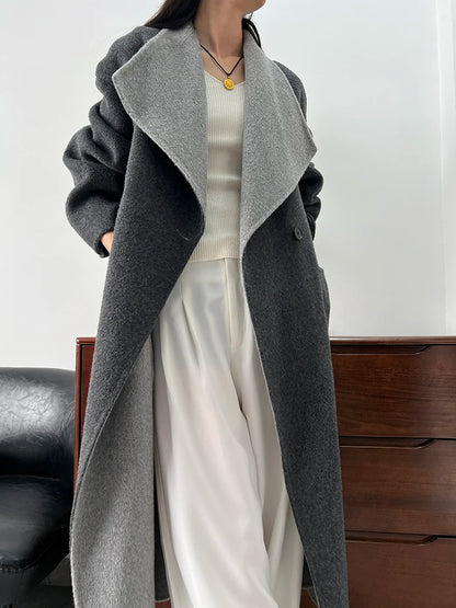 LVSANW Wear It On Both Sides Lady Woolen Jackets 2024 Autumn And Winter Bathrobe Style Large Lapel Lace Up Tie Women's Long Wool Coats