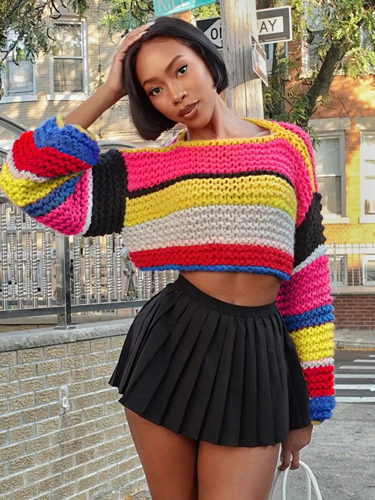 LVSANW Weird Puss Colorful Stripe Knit Sweater Women Y2K Trend Balloon Sleeves Casual Simple Basic Wild Streetwear Hipster Crop Tops