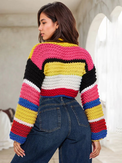 LVSANW Weird Puss Colorful Stripe Knit Sweater Women Y2K Trend Balloon Sleeves Casual Simple Basic Wild Streetwear Hipster Crop Tops