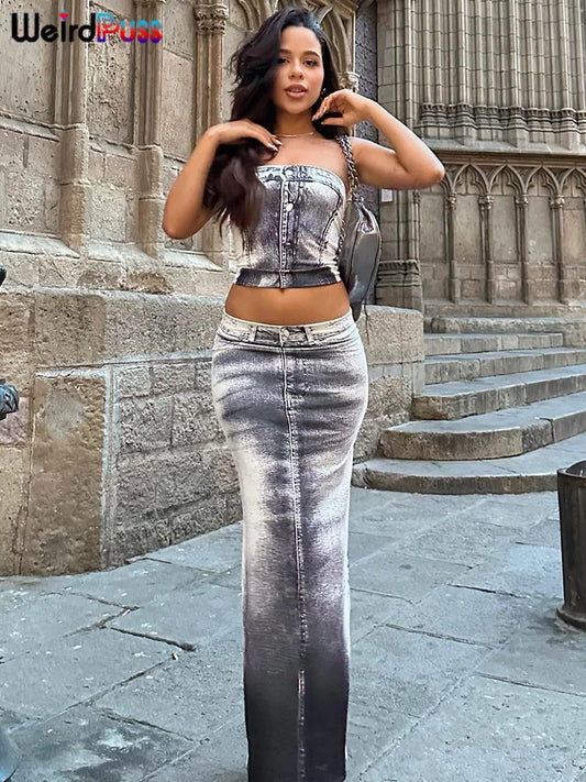 LVSANW Weird Puss Fake Denim Print Women 2 Piece Set Skinny Chic Hipster Strapless Tops+Maxi Skirts Matching Casual Streetwear Outfits