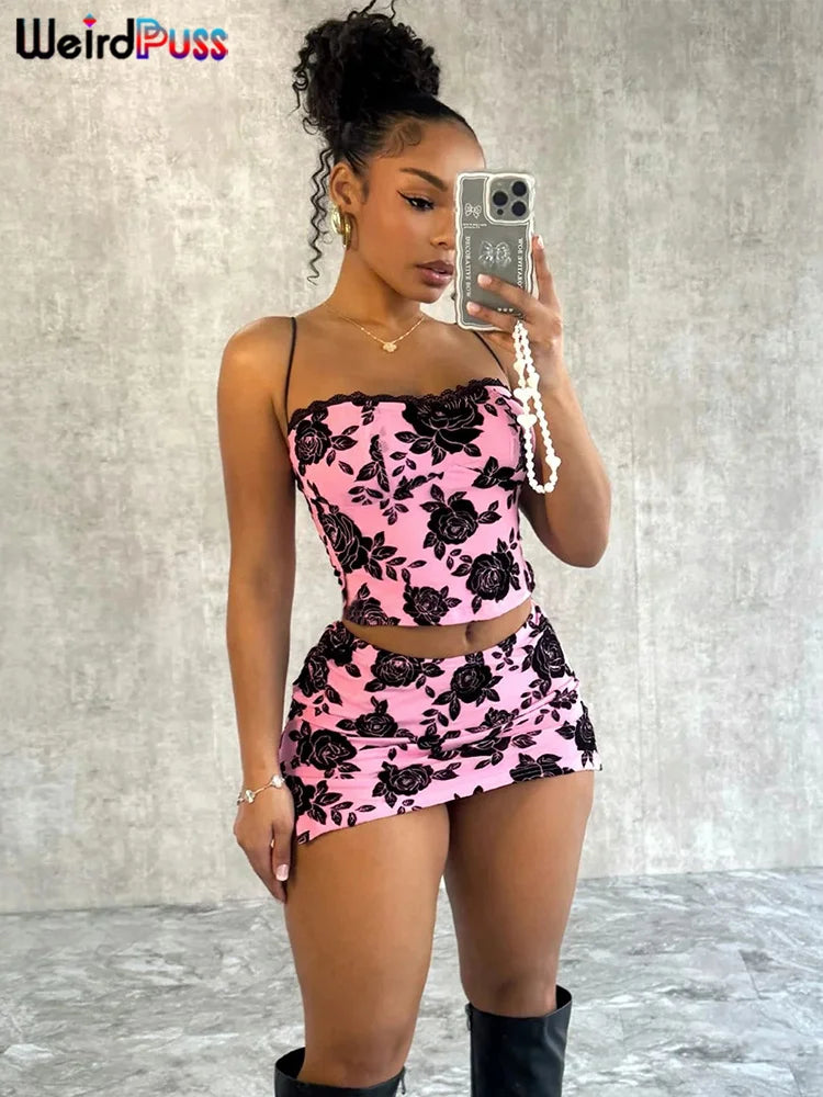 LVSANW Weird Puss Flower Print Women 2 Piece Set Elegant Summer Trend Lace Bow Camisole+Peach Hip Skirts Matching Streetwear Outfits