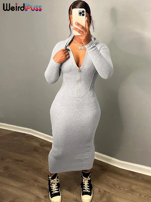 LVSANW Weird Puss Hooded Dress Women Zip Skinny Elastic Casual Autumn Long Sleeve Maxi Bodycon Streetwear Solid Sporty Hipster Vestidos