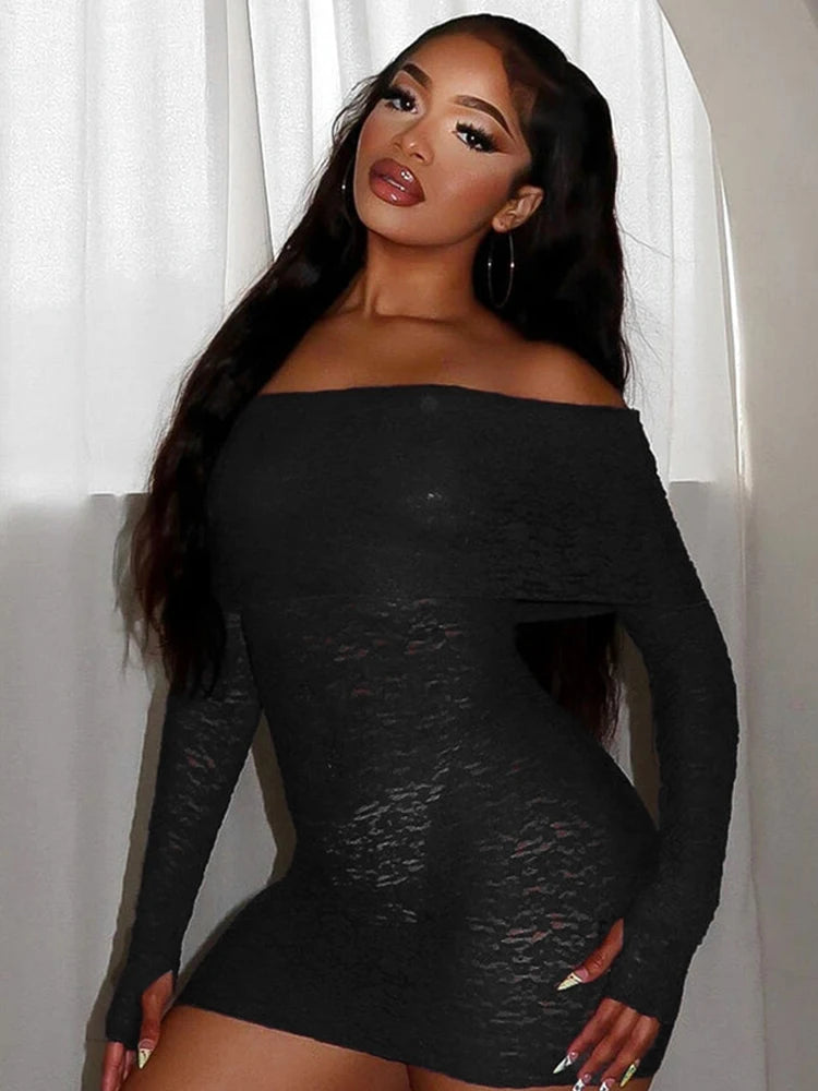 LVSANW Weird Puss Jacquard Hollow Dress Women Sexy Mesh Patchwork Long Sleeve Slash Neck Autumn Trend Streetwear Party Mini Bodycon