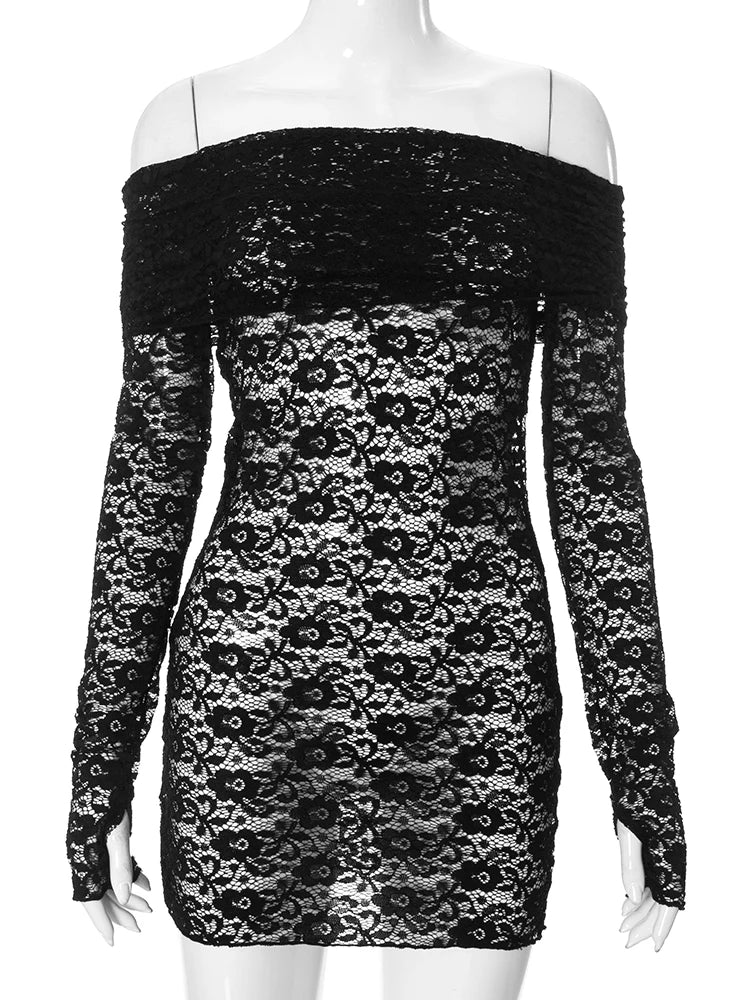 LVSANW Weird Puss Jacquard Hollow Dress Women Sexy Mesh Patchwork Long Sleeve Slash Neck Autumn Trend Streetwear Party Mini Bodycon