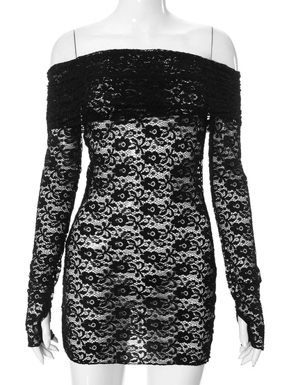 LVSANW Weird Puss Jacquard Hollow Dress Women Sexy Mesh Patchwork Long Sleeve Slash Neck Autumn Trend Streetwear Party Mini Bodycon