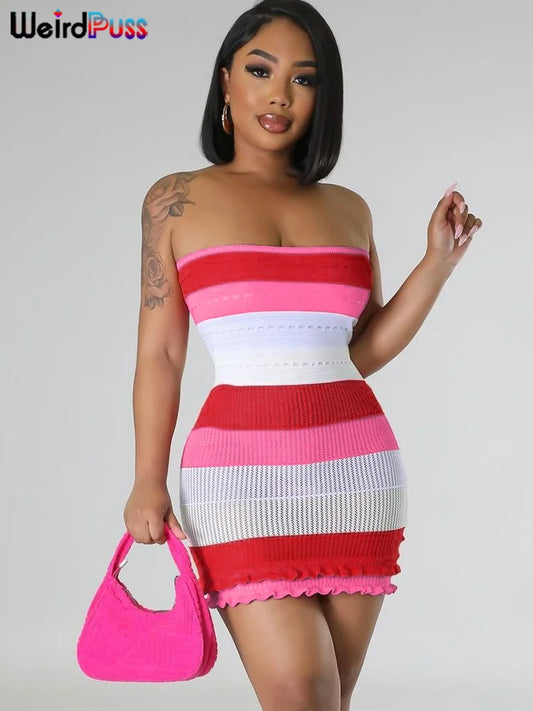 LVSANW Weird Puss Knit Women Tube Dress Elegant Summer Patchwork Striped Ruffles Hem Skinny Stretch Bodycon Street Vacation Clubwear