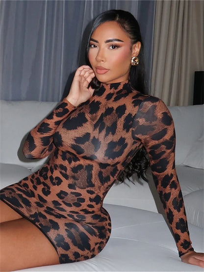 LVSANW Weird Puss Sexy Mini Dress Women Leopard Print 2025 Spring Hipster Fashion Full Sleeve Streetwear Stretch Fit Turtleneck Bodycon