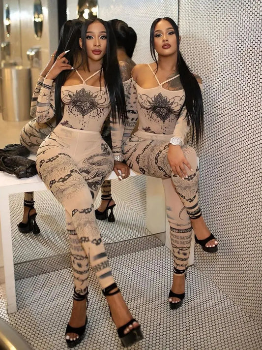 LVSANW eird Puss Sexy See Through Women 2 Piece Set Fashion Heart Print Slash Neck Bodysuit+Leggings Matching Midnight Clubwear Suit