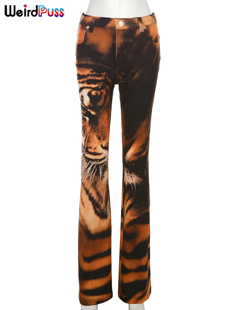 LVSANW Weird Puss Tiger Print Flare Pants Women 2025 Y2K Summer Trend Skinny Elastic Wild Casual Streetwear Basic High Waist Trousers