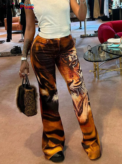 LVSANW Weird Puss Tiger Print Flare Pants Women 2025 Y2K Summer Trend Skinny Elastic Wild Casual Streetwear Basic High Waist Trousers