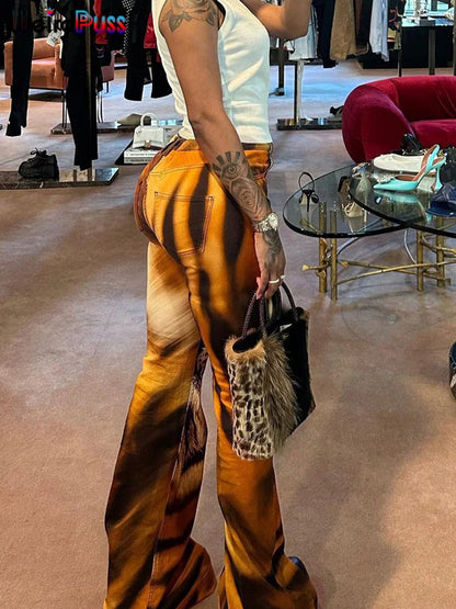 LVSANW Weird Puss Tiger Print Flare Pants Women 2025 Y2K Summer Trend Skinny Elastic Wild Casual Streetwear Basic High Waist Trousers