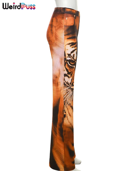 LVSANW Weird Puss Tiger Print Flare Pants Women 2025 Y2K Summer Trend Skinny Elastic Wild Casual Streetwear Basic High Waist Trousers