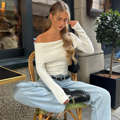 LVSANW WhereMery Elegant Slash-neck Ribbed Solid Crop Tops Autumn Y2K Skinny Off Shoulder Long Sleeve Camis French Gentle Tight T-shirt