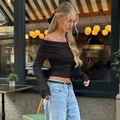 LVSANW WhereMery Elegant Slash-neck Ribbed Solid Crop Tops Autumn Y2K Skinny Off Shoulder Long Sleeve Camis French Gentle Tight T-shirt