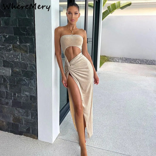 LVSANW WhereMery Summer Sexy Sleeveless Slit Dress Hollow Out Skinny Elegant Women Long Dresses 2024  Fashion Ladies Party Club Vestido