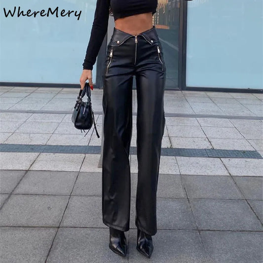 LVSANW WhereMery Y2K Fashion Leather Pant Women High Waist Sexy Zipper Straight Slim Trousere 2024 Streetwear Winter Ladies Black Pants