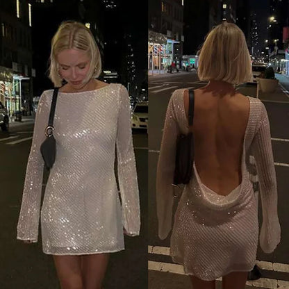 LVSANW White Big Leaky Back Sequin Dress Shiny Women Elegant Long Sleeve Slim Fitting Temperament Evening Gown Backless Short Dress