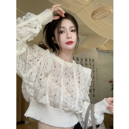 LVSANW White Cropped Pullovers Tops 2025 Women's Clothing O-neck Puff Sleeve Jumper Y2k Tops Chic Hollow Out Knit Thin Sweater Sueter