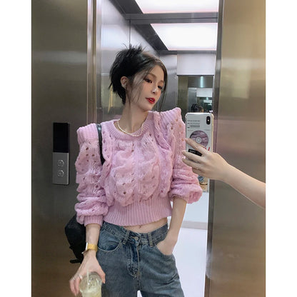 LVSANW White Cropped Pullovers Tops 2025 Women's Clothing O-neck Puff Sleeve Jumper Y2k Tops Chic Hollow Out Knit Thin Sweater Sueter