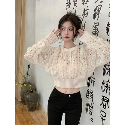 LVSANW White Cropped Pullovers Tops 2025 Women's Clothing O-neck Puff Sleeve Jumper Y2k Tops Chic Hollow Out Knit Thin Sweater Sueter