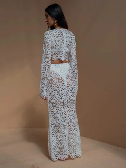 LVSANW White Elegant Embroidery Hollow Out Beach Dresses Set Sexy See Though Crop Tops Long Skirts Women Sets Summer Women Outfits