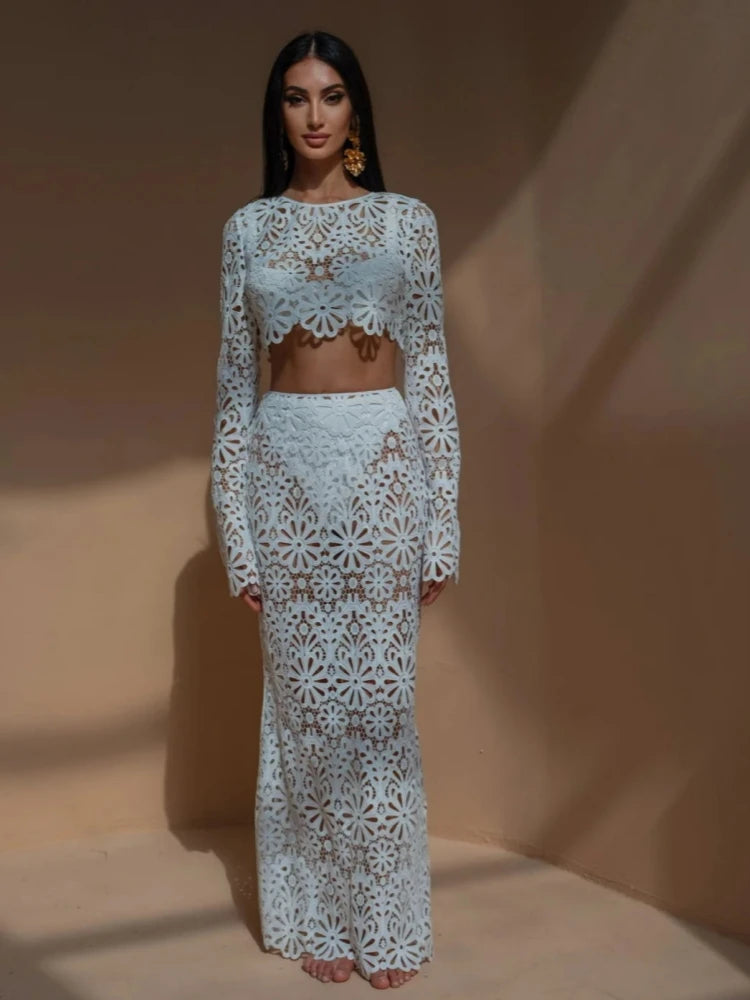 LVSANW White Elegant Embroidery Hollow Out Beach Dresses Set Sexy See Though Crop Tops Long Skirts Women Sets Summer Women Outfits