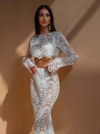 LVSANW White Elegant Embroidery Hollow Out Beach Dresses Set Sexy See Though Crop Tops Long Skirts Women Sets Summer Women Outfits