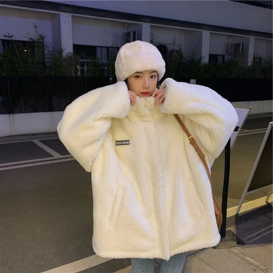 LVSANW White Furry Zipper Jacket Chic Fashion Loose Outerwear Women Fashion Jacket Coat Loose Outware Long Sleeved Wool Autumn Winter