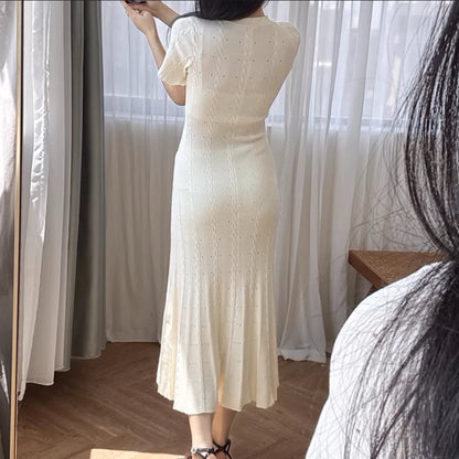 LVSANW White Hollow Knitted Dress Women 2025 Summer Temperament Short Sleeve Elegant Slim Bodycon Party Dress 5240125