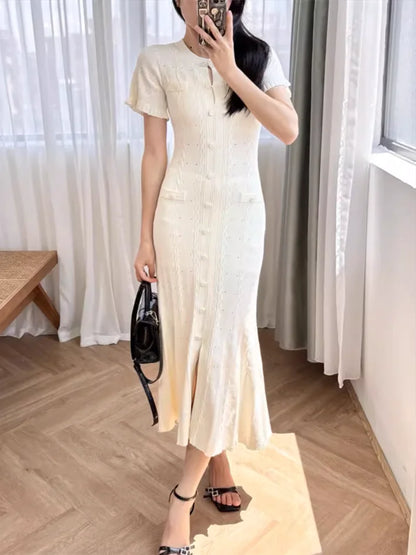 LVSANW White Hollow Knitted Dress Women 2025 Summer Temperament Short Sleeve Elegant Slim Bodycon Party Dress 5240125