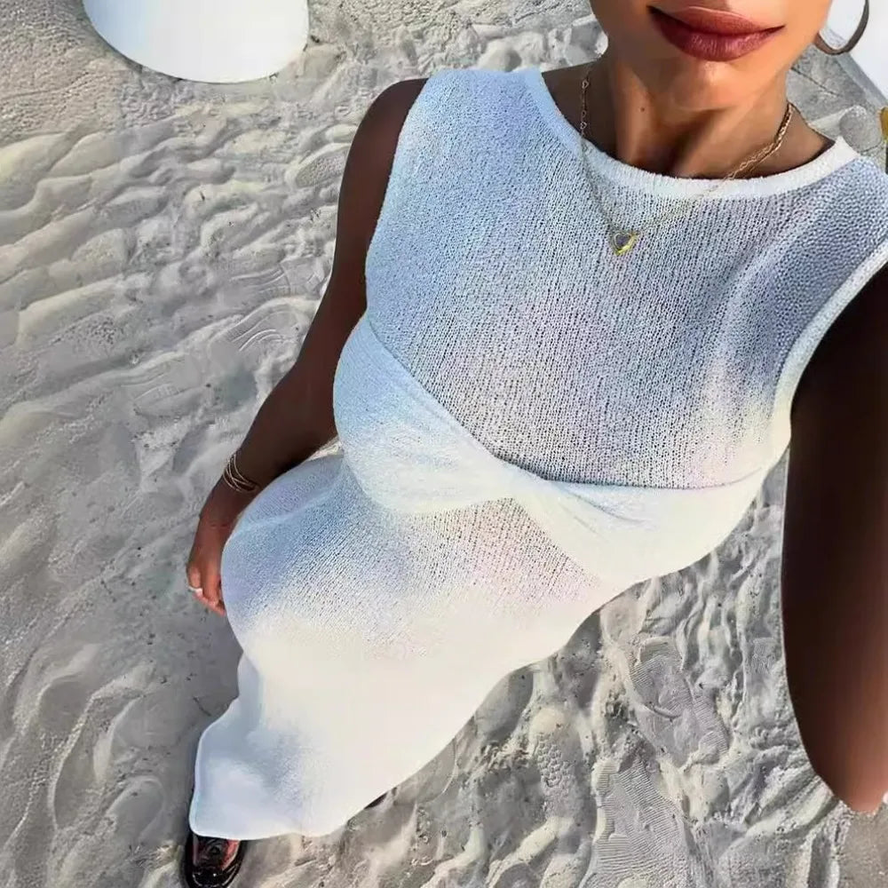 LVSANW White Knitted Long Dress Women Sexy See Through Slim Beach Dress Summer Elegant Fashion Sleeveless Holiday Outfits 2024 Pink