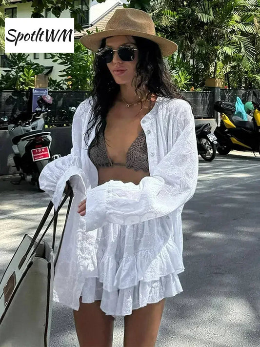 LVSANW White Long Sleeved Shirt Jacket Shorts Sets Summer Female Stand Collar Single Breasted Suits Casual Vacation Casual Beachwear