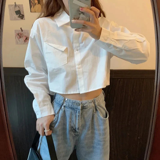 LVSANW White Shirt For Women 2024 Spring Summer Casual Wild Long Sleeve Crop Tops Female Japanese Style Student Pocket Cropped Blouses