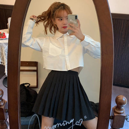 LVSANW White Shirt For Women 2024 Spring Summer Casual Wild Long Sleeve Crop Tops Female Japanese Style Student Pocket Cropped Blouses