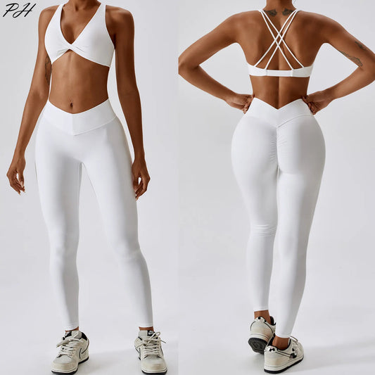 LVSANW White Yoga Sets Women Sexy Beauty Back Bra High Waist Leggings Suit Comfort Soild Fitness Running Sport Sets Breathabe Sportwear