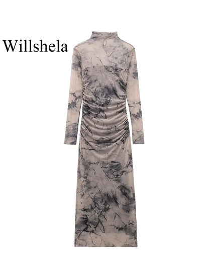 LVSANW Willshela Women Fashion Tulle Printed Pleated Side Zipper Midi Dress Vintage O-Neck Long Sleeves Female Chic Lady Dresses