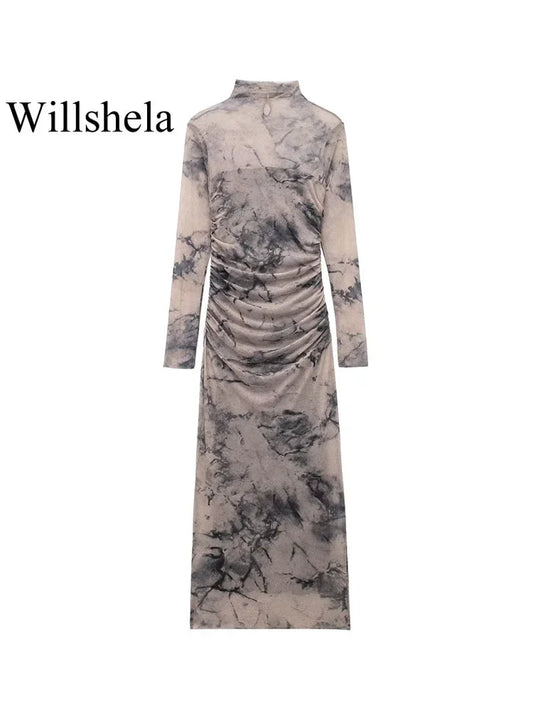 LVSANW Willshela Women Fashion Tulle Printed Pleated Side Zipper Midi Dress Vintage O-Neck Long Sleeves Female Chic Lady Dresses