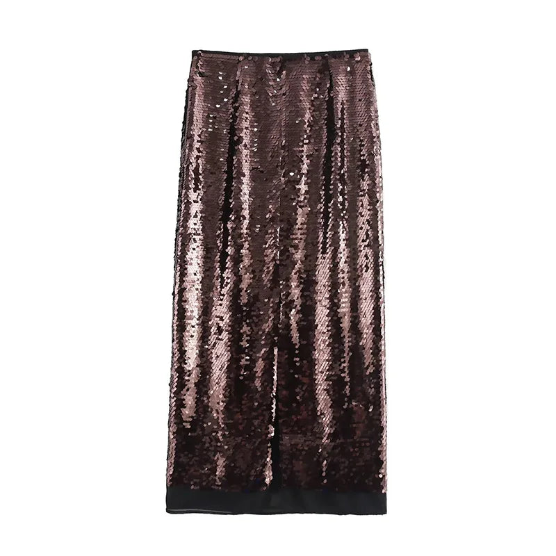 LVSANW Willshela Women Fashion With Sequined Brown Side Zipper Midi Skirt Vintage Mid Waist Straight Female Chic Lady Skirts