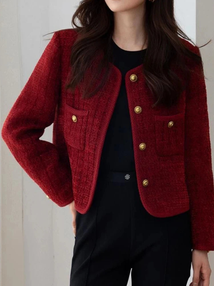 LVSANW Wine Red Women's Jackets 2024 Autumn and Winter New  Metal Buckle Short Women Coat Korean Fashion Slim Elegant Tweed Jackets