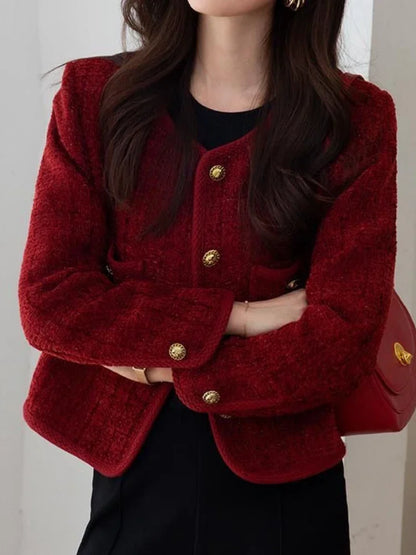 LVSANW Wine Red Women's Jackets 2024 Autumn and Winter New  Metal Buckle Short Women Coat Korean Fashion Slim Elegant Tweed Jackets