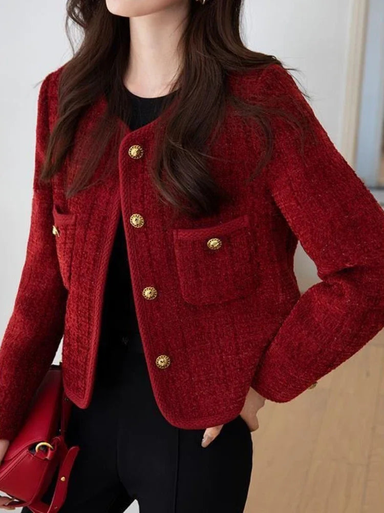 LVSANW Wine Red Women's Jackets 2024 Autumn and Winter New  Metal Buckle Short Women Coat Korean Fashion Slim Elegant Tweed Jackets