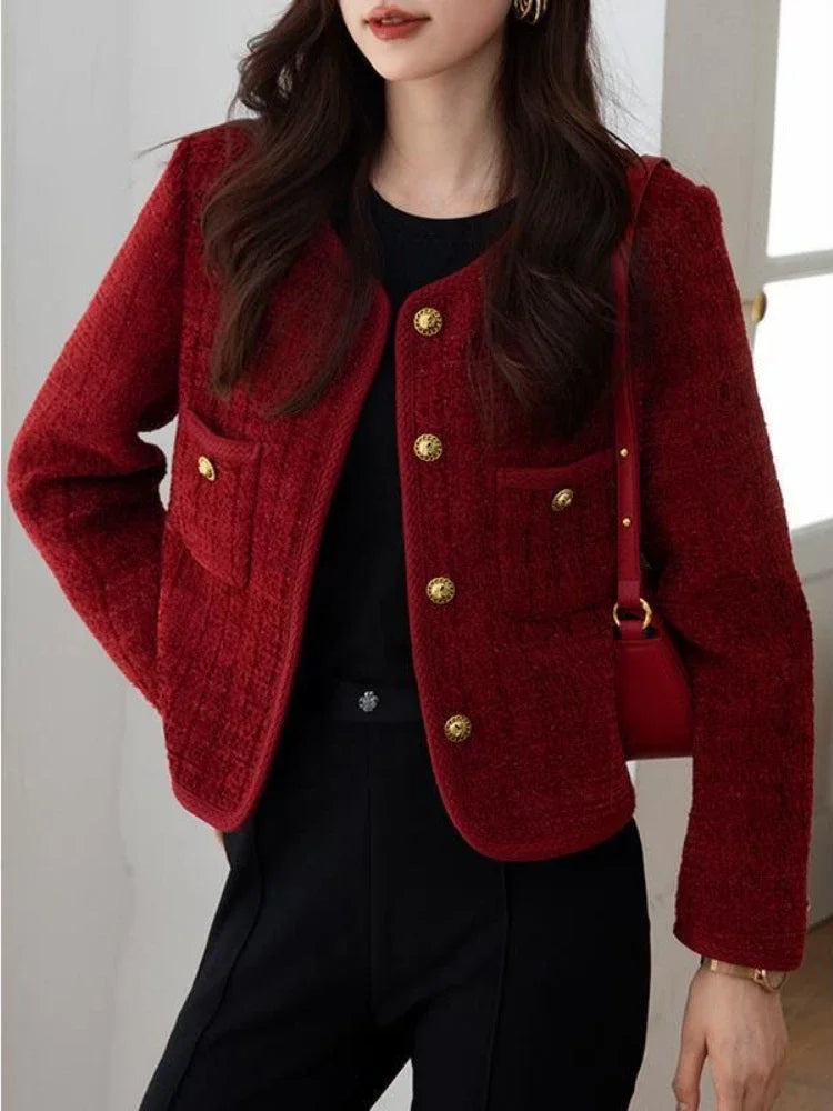 LVSANW Wine Red Women's Jackets 2024 Autumn and Winter New  Metal Buckle Short Women Coat Korean Fashion Slim Elegant Tweed Jackets