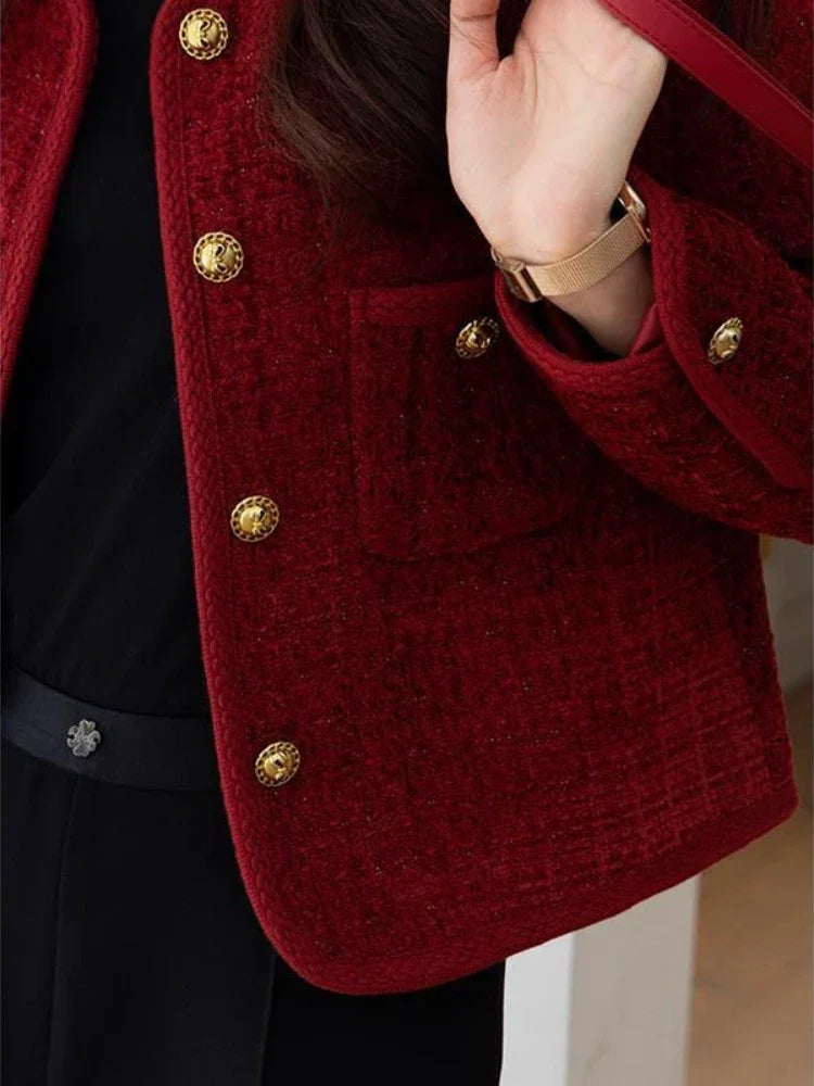 LVSANW Wine Red Women's Jackets 2024 Autumn and Winter New  Metal Buckle Short Women Coat Korean Fashion Slim Elegant Tweed Jackets