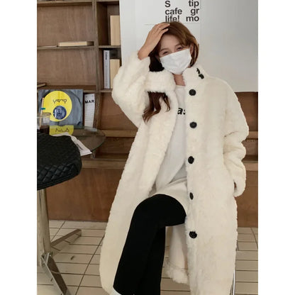 LVSANW Winter 2024 Thickened Long Over Knee Lamb Fur Coat Stand Collar Women's Outerwear Warm Comfortable Real Fur Long Coat