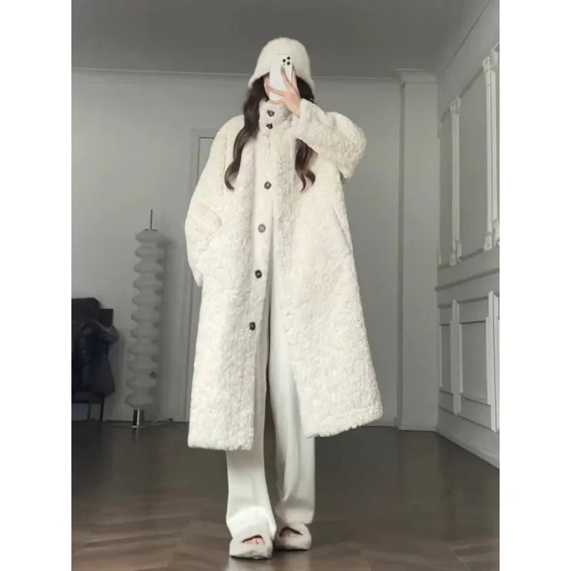 LVSANW Winter 2024 Thickened Long Over Knee Lamb Fur Coat Stand Collar Women's Outerwear Warm Comfortable Real Fur Long Coat