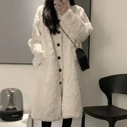 LVSANW Winter 2024 Thickened Long Over Knee Lamb Fur Coat Stand Collar Women's Outerwear Warm Comfortable Real Fur Long Coat