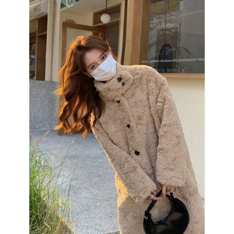 LVSANW Winter 2024 Thickened Long Over Knee Lamb Fur Coat Stand Collar Women's Outerwear Warm Comfortable Real Fur Long Coat