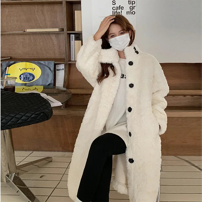 LVSANW Winter 2024 Thickened Long Over Knee Lamb Fur Coat Stand Collar Women's Outerwear Warm Comfortable Real Fur Long Coat