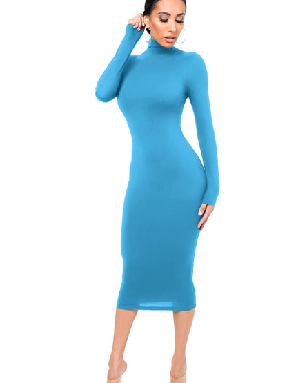 LVSANW Winter Black Turtleneck Sexy Women Dress Autumn Long Sleeve Skinny Midi Boydcon Casual Blue Plush Knee-Length Party