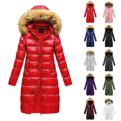 LVSANW Winter Faux Fur Collar Detachable Hood Quilted Jacket Zipper Down Solid Color Padded Coat Women Plus Size Simple Slim Outerwear